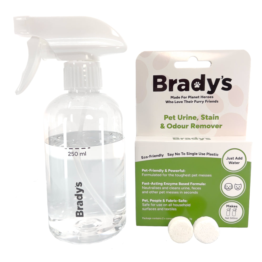 Brady's Spray Bottle plus Brady's Urine, Stain and Odour Remover box and concentrate tablets