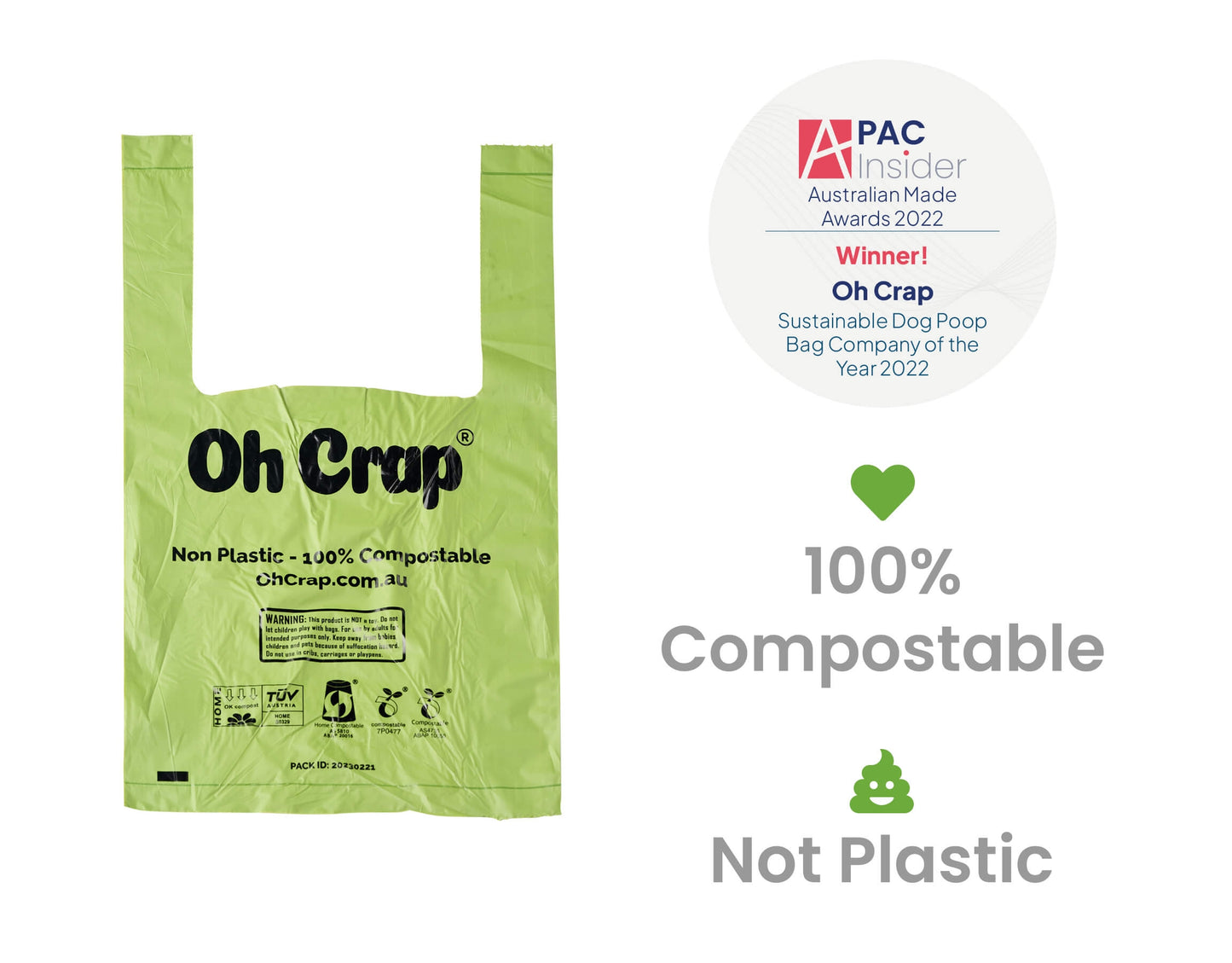 Oh Crap Compostable Dog Poop Bags With Handles (Vision Impaired Approved)