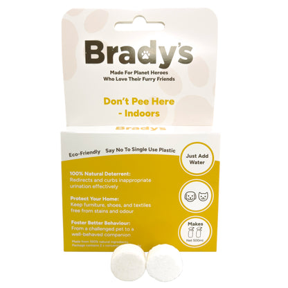 Picture of Bradys Dont Pee Here Indoors eco-friendly concentrate tablets and box. 