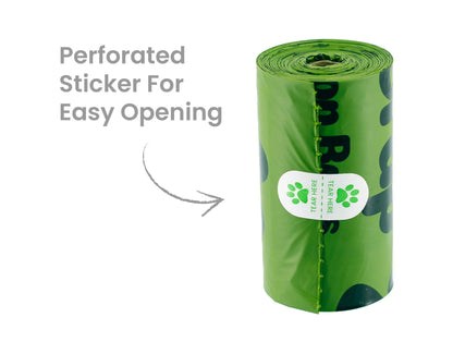 Picture of an Oh Crap dog poop bags showing the perforated sticker holding the first bag closed